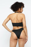 REBELLA BALI VACAY HALTER CUT-OUT MONOKINI, BLACK- BACK VIEW OF THONG BOTTOMS