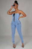 REBELLA CAN'T TIE ME DOWN, DENIM LACE-UP JUMPSUIT- FAUX FRONT SILVER METAL ZIP POCKETS ON THE HIPS