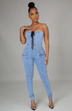 REBELLA CAN'T TIE ME DOWN, DENIM LACE-UP JUMPSUIT- FULL FRONT VIEW