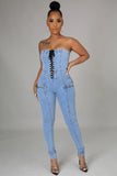 REBELLA CAN'T TIE ME DOWN, DENIM LACE-UP JUMPSUIT- NAVY BLUE LACED FRONT DETAIL