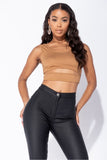 REBELLA CUT YOU OFF, FRONT CUT OUT, RIB KNIT CROPPED TANK TOP IN FAWN BEIGE CAMEL BROWN- FRONT VIEW