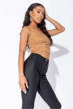REBELLA CUT YOU OFF, FRONT CUT OUT, RIB KNIT CROPPED TANK TOP IN FAWN BEIGE CAMEL BROWN- SIDE VIEW