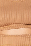 REBELLA CUT YOU OFF, FRONT CUT OUT, RIB KNIT CROPPED TANK TOP IN FAWN BEIGE CAMEL BROWN- CLOSE UP ON RIB KNIT MATERIAL