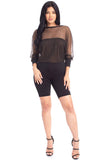 REBELLA DON'T MESH WITH ME- GOLD SPARKLE THREADED MESH, BLACK TUBE TOP AND BIKER SHORTS- ONE PIECE ROMPER- FULL FRONT VIEW