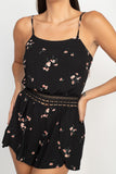 REBELLA FIORI CROCHETED-WAIST FLORAL ROMPER, IN BLACK- CLOSE UP FRONT VIEW