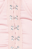 REBELLA HOOKED ON YOU CROPPED PINK SATIN BUSTIER TOP- CLOSE UP VIEW ON HOOK AND EYE FRONT CLOSURE