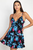 REBELLA IN BLOOM, TIERED RUFFLE MINI, FIT AND FLARE, FLORAL DRESS, IN BLACK WITH TURQUOISE AND FUCHSIA FLOWERS- FRONT VIEW