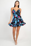 REBELLA IN BLOOM, TIERED RUFFLE MINI, FIT AND FLARE, FLORAL DRESS, IN BLACK WITH TURQUOISE AND FUCHSIA FLOWERS- FULL FRONT VIEW