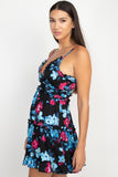 REBELLA IN BLOOM, TIERED RUFFLE MINI, FIT AND FLARE, FLORAL DRESS, IN BLACK WITH TURQUOISE AND FUCHSIA FLOWERS- SIDE VIEW