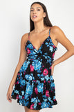 REBELLA IN BLOOM, TIERED RUFFLE MINI, FIT AND FLARE, FLORAL DRESS, IN BLACK WITH TURQUOISE AND FUCHSIA FLOWERS