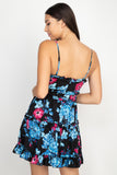 REBELLA IN BLOOM, TIERED RUFFLE MINI, FIT AND FLARE, FLORAL DRESS, IN BLACK WITH TURQUOISE AND FUCHSIA FLOWERS- BACK VIEW
