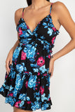 REBELLA IN BLOOM, TIERED RUFFLE MINI, FIT AND FLARE, FLORAL DRESS, IN BLACK WITH TURQUOISE AND FUCHSIA FLOWERS- FRONT VIEWREBELLA IN BLOOM, TIERED RUFFLE MINI, FIT AND FLARE, FLORAL DRESS, IN BLACK WITH TURQUOISE AND FUCHSIA FLOWERS- CLOSE UP FRONT VIEW