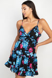 REBELLA IN BLOOM, TIERED RUFFLE MINI, FIT AND FLARE, FLORAL DRESS, IN BLACK WITH TURQUOISE AND FUCHSIA FLOWERS- FRONT
