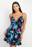 REBELLA IN BLOOM, TIERED RUFFLE MINI, FIT AND FLARE, FLORAL DRESS, IN BLACK WITH VIBRANT TURQUOISE AND FUCHSIA FLOWERS