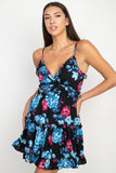 REBELLA IN BLOOM, TIERED RUFFLE MINI, FIT AND FLARE, FLORAL DRESS, IN BLACK WITH TURQUOISE AND FUCHSIA FLOWERS- SHOWS RUFFLED OUTLINE AROUND BUST