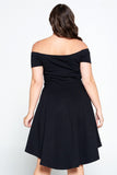 REBELLA KEEP YOUR COOL, CURVY, PLUS SIZE, OFF-SHOULDER HI-LO DRESS, IN BLACK- BACK VIEW