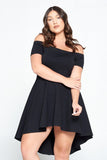 REBELLA KEEP YOUR COOL, CURVY, PLUS SIZE, OFF-SHOULDER HI-LO DRESS, IN BLACK- FRONT VIEW