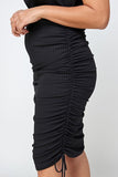 REBELLA MILA SLEEVELESS EMPIRE-WAIST, RUCHED RIB KNIT, MIDI BODYCON DRESS, PLUS-SIZE, CURVY- IN BLACK- CLOSE UP ON RUCHED SIDE DETAIL
