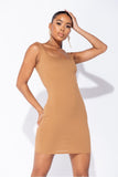 REBELLA NEVER BASIC RIB KNIT BODYCON MINI DRESS IN CARAMEL, BEIGE, NUDE, CAMEL- FRONT VIEW