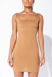 REBELLA NEVER BASIC RIB KNIT BODYCON MINI DRESS IN CARAMEL, BEIGE, NUDE, CAMEL- CLOSE UP FRONT VIEW