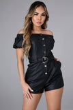 REBELLA OUT ALL NIGHT BELTED BUTTON-DOWN VEGAN LEATHER ROMPER WITH OFF THE SHOULDER PUFF SLEEVES, IN BLACK- FRONT VIEW