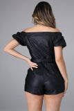 REBELLA OUT ALL NIGHT BELTED BUTTON-DOWN VEGAN LEATHER ROMPER WITH OFF THE SHOULDER PUFF SLEEVES, IN BLACK- BACK VIEW