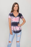 REBELLA PINK AND BLACK, GRUNGE TIE-DYE, TEE SHIRT, SHORT SLEEVE TOP- FRONT VIEW PAIRED WITH LIGHT DENIM