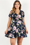 REBELLA SPRING ROMANCE, CURVY, PLUS SIZE, FLORAL VELVET WRAP DRESS, IN NAVY BLUE WITH PINK FLOWERS AND GREEN LEAVES- CLOSE UP FRONT VIEW