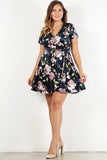 REBELLA SPRING ROMANCE, CURVY, PLUS SIZE, FLORAL VELVET WRAP DRESS, IN NAVY BLUE WITH PINK FLOWERS AND GREEN LEAVES- FRONT VIEW