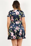 REBELLA SPRING ROMANCE, CURVY, PLUS SIZE, FLORAL VELVET WRAP DRESS, IN NAVY BLUE WITH PINK FLOWERS AND GREEN LEAVES- BACK VIEW