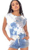 REBELLA WEEKEND VIBES TIE-DYE SLEEVELESS WITH SHORTS ROMPER IN BLUE GRAY AND WHITE- CLOSE UP FRONT VIEW