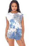 REBELLA WEEKEND VIBES TIE-DYE SLEEVELESS WITH SHORTS ROMPER IN BLUE GRAY AND WHITE- FRONT VIEW