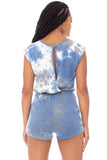 REBELLA WEEKEND VIBES TIE-DYE SLEEVELESS WITH SHORTS ROMPER IN BLUE GRAY AND WHITE- SLIT OPEN BACK DETAIL