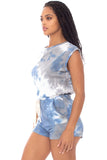 REBELLA WEEKEND VIBES TIE-DYE SLEEVELESS WITH SHORTS ROMPER IN BLUE GRAY AND WHITE- SIDE VIEW
