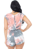 REBELLA WEEKEND VIBES, TIE-DYE, SLEEVELESS SHORTS ROMPER, IN BLUSH PINK, GRAY, AND WHITE- BACK VIEW
