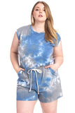 REBELLA WEEKEND VIBES TIE-DYE SLEEVELESS WITH SHORTS PLUS CURVY SIZE ROMPER IN BLUE GRAY AND WHITE- CLOSE UP FRONT VIEW