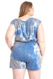 REBELLA WEEKEND VIBES TIE-DYE SLEEVELESS WITH SHORTS PLUS CURVY SIZE ROMPER IN BLUE GRAY AND WHITE- OPEN SLIT BACK VIEW