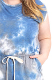 REBELLA WEEKEND VIBES TIE-DYE SLEEVELESS WITH SHORTS PLUS CURVY SIZE ROMPER IN BLUE GRAY AND WHITE- CLOSE UP DRAWSTRING WAIST AND POCKET DETAIL