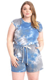 REBELLA WEEKEND VIBES TIE-DYE SLEEVELESS WITH SHORTS PLUS CURVY SIZE ROMPER IN BLUE GRAY AND WHITE- FRONT VIEW