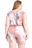 REBELLA WEEKEND VIBES, TIE-DYE, SLEEVELESS SHORTS, CURVY, PLUS SIZE ROMPER, IN BLUSH PINK, GRAY, AND WHITE- BACK VIEW