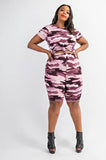 REBELLA Pink Camo 2 Piece Biker Shorts & Tee Set- Curvy Plus Size- Full Front View with short sleeve top tied
