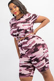 REBELLA Pink Camo 2 Piece Biker Shorts & Tee Set- Curvy Plus Size- Side View